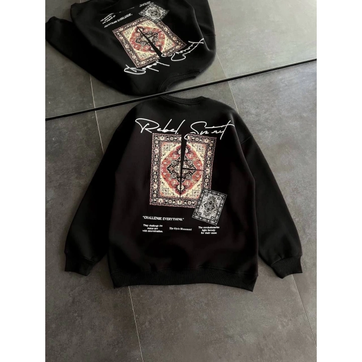 Kadın Bisiklet Yaka Baskılı SweatShirt - Siyah