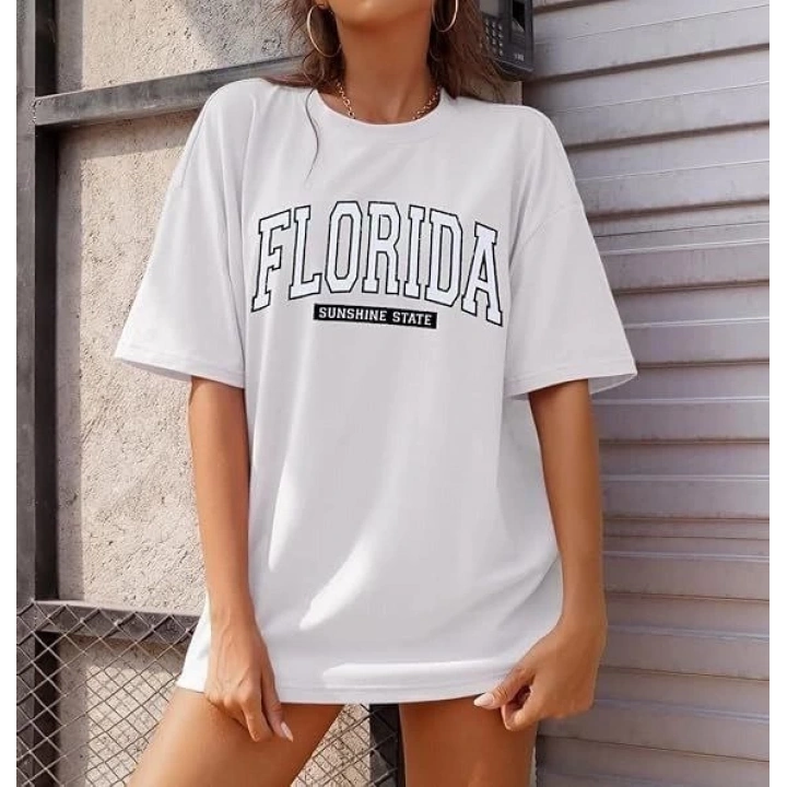 Kadın Bisiklet Yaka Baskılı T-shirt - Beyaz