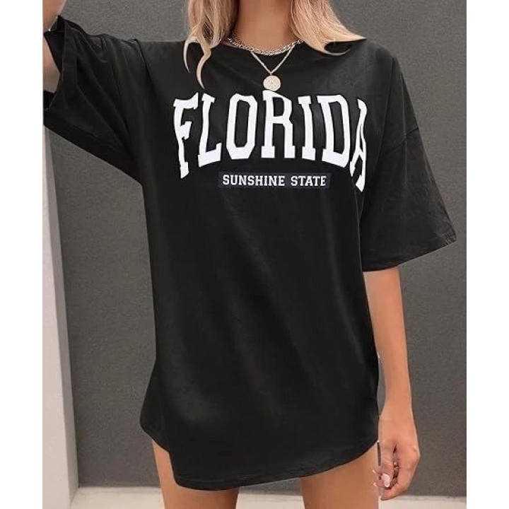 Kadın Bisiklet Yaka Baskılı T-shirt - Siyah