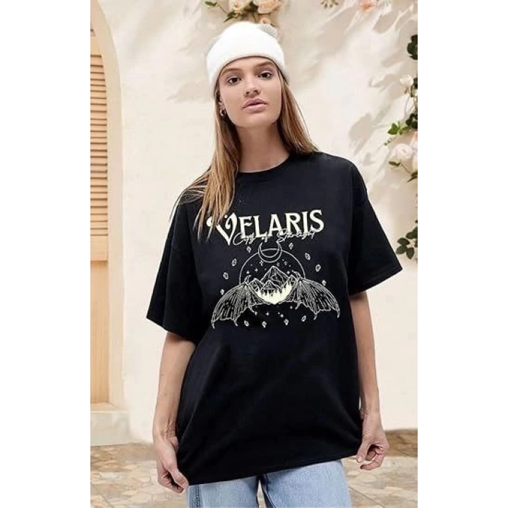 Kadın Bisiklet Yaka Baskılı T-shirt - Siyah