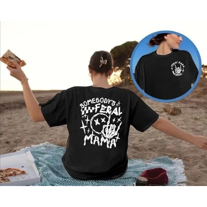 Kadın Bisiklet Yaka Baskılı T-shirt - Siyah