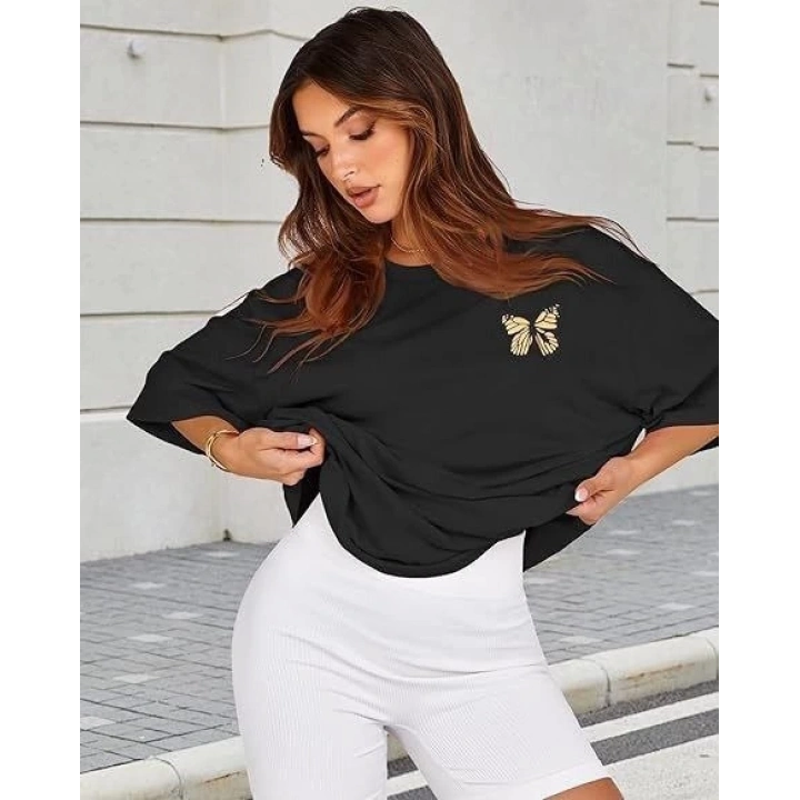 Kadın Bisiklet Yaka Baskılı T-shirt - Siyah