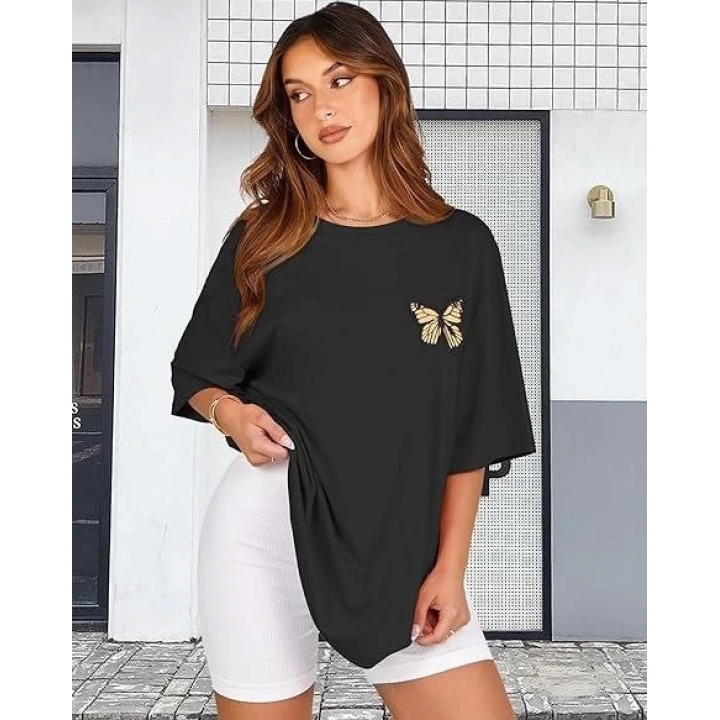 Kadın Bisiklet Yaka Baskılı T-shirt - Siyah
