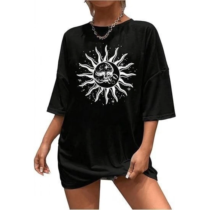Kadın Bisiklet Yaka Baskılı T-shirt - Siyah