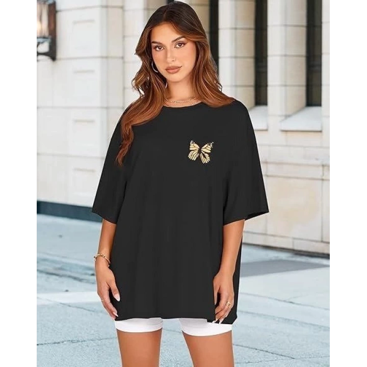Kadın Bisiklet Yaka Baskılı T-shirt - Siyah