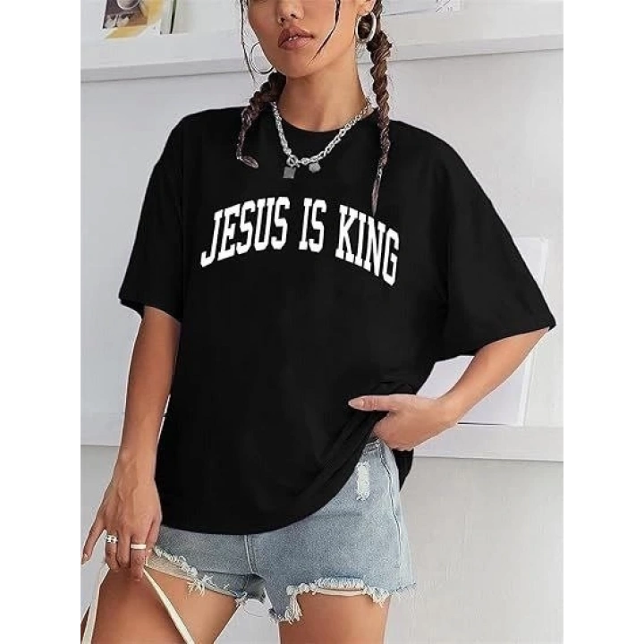 Kadın Bisiklet Yaka Kısa Kol Baskılı T-shirt - Siyah