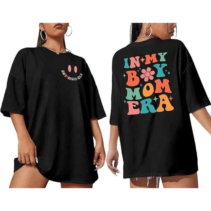 Kadın Bisiklet Yaka Kısa Kol Baskılı T-shirt - Siyah