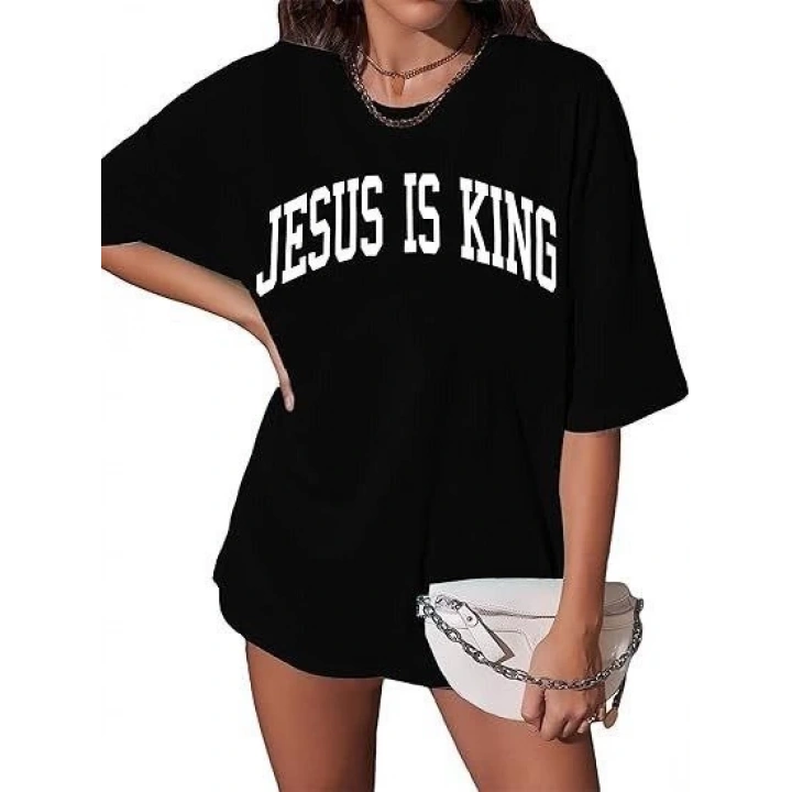 Kadın Bisiklet Yaka Kısa Kol Baskılı T-shirt - Siyah