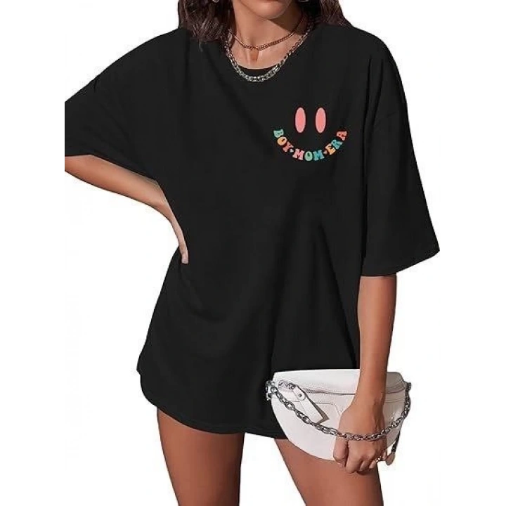Kadın Bisiklet Yaka Kısa Kol Baskılı T-shirt - Siyah
