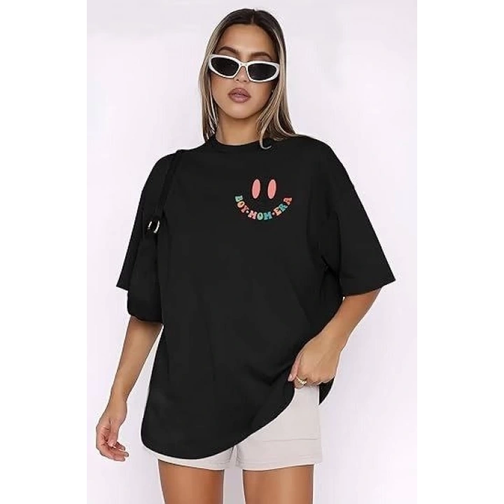 Kadın Bisiklet Yaka Kısa Kol Baskılı T-shirt - Siyah
