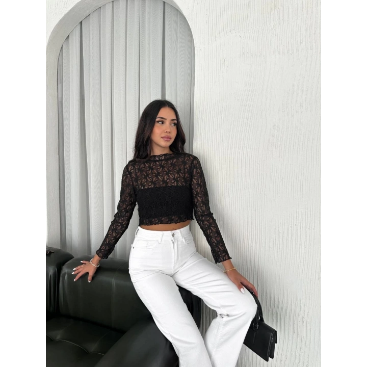 Kadın Dantel Uzun Kol Bluz- Siyah