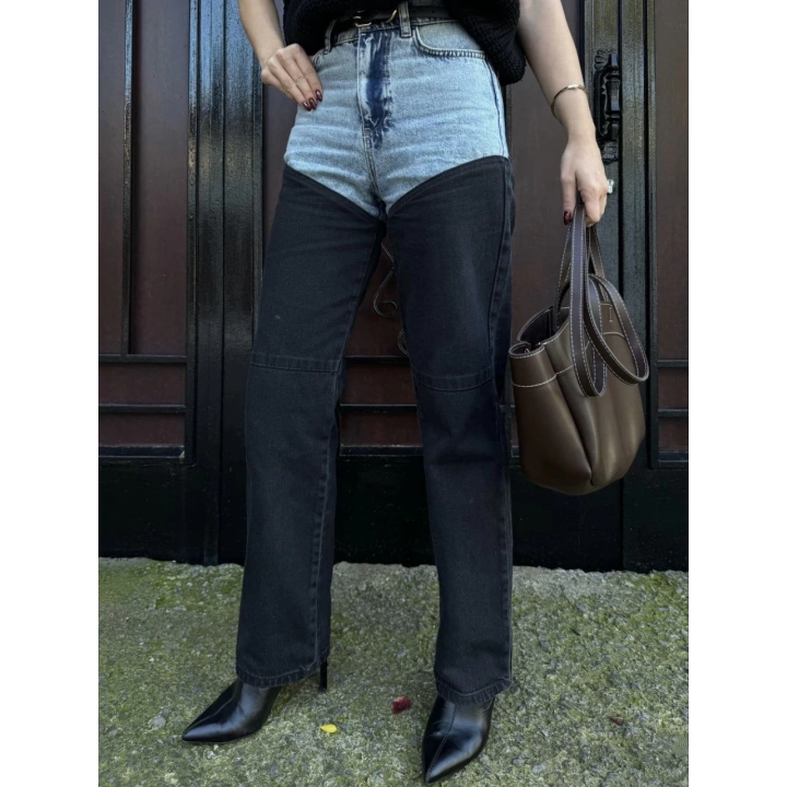 Kadın Jeans Kot Parçalı Palazzo Pantolon - Siyah