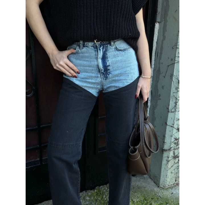 Kadın Jeans Kot Parçalı Palazzo Pantolon - Siyah
