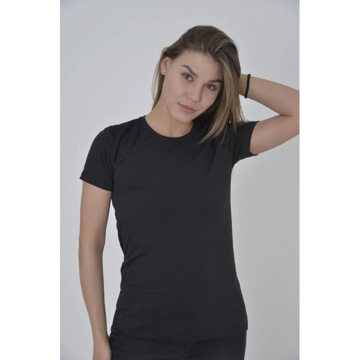 Kadın Omuz Fileli Slim Fit T-shirt - Siyah