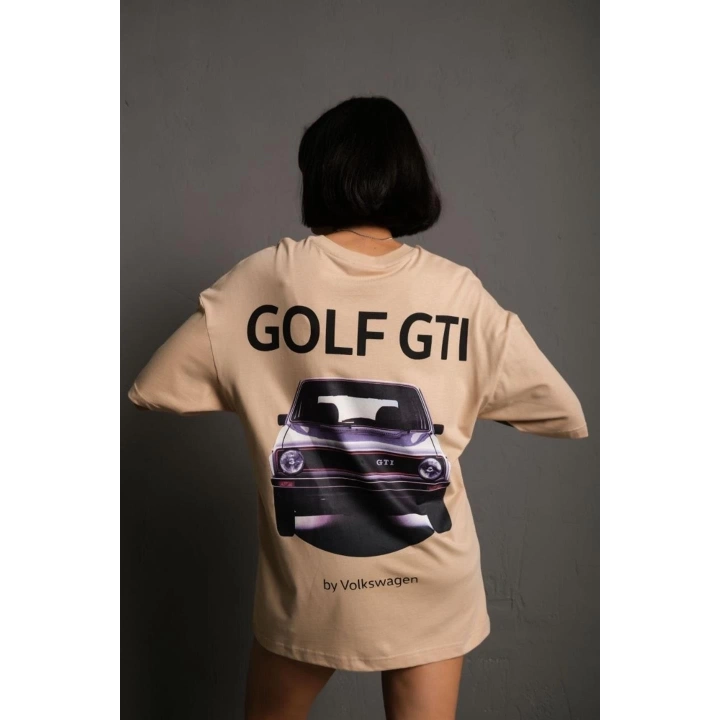 Kadın Sırt Golf Gtı Baskılı Oversize T-shirt - Bej