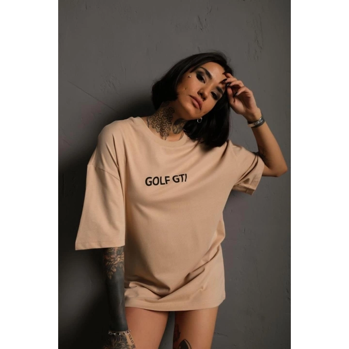 Kadın Sırt Golf Gtı Baskılı Oversize T-shirt - Bej