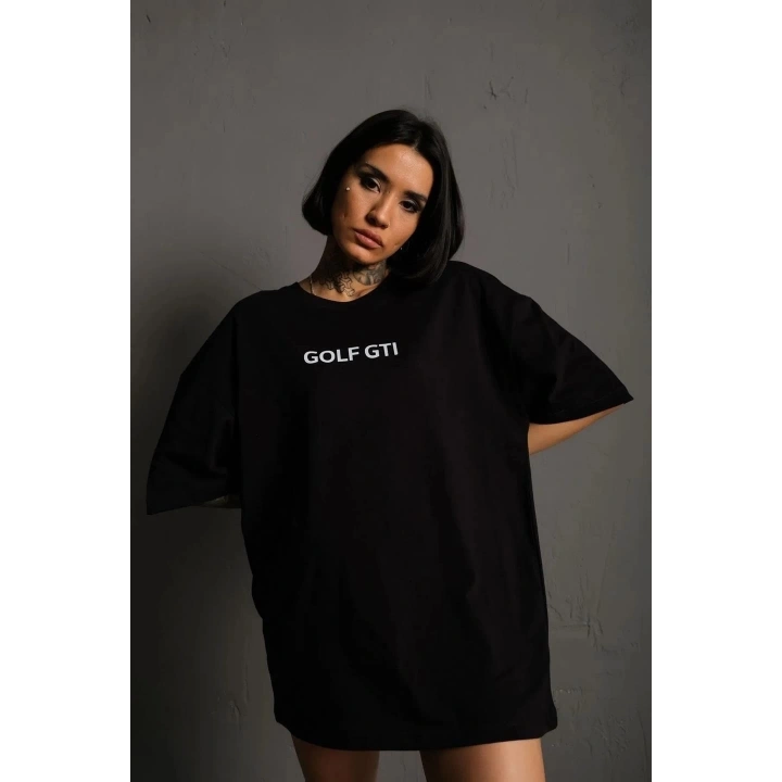 Kadın Sırt Golf Gtı Baskılı Oversize T-shirt - Siyah