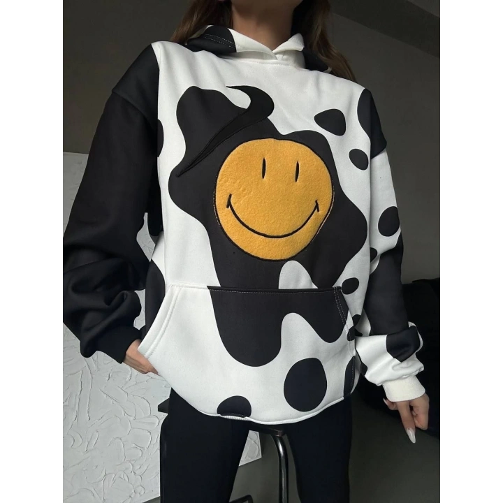 Kadın Smiley Face Kapüşonlu Sweatshirt - Siyah