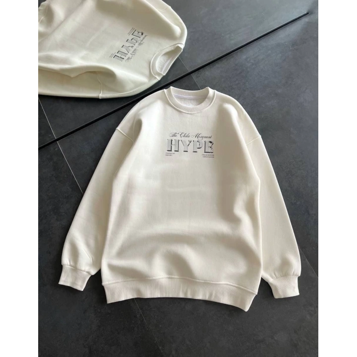 Kadın Üç İplik Bisiklet Yaka Baskılı SweatShirt - Beyaz