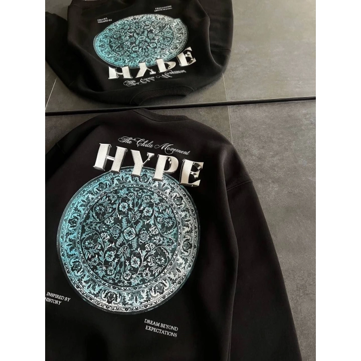 Kadın Üç İplik Bisiklet Yaka Baskılı SweatShirt - Siyah