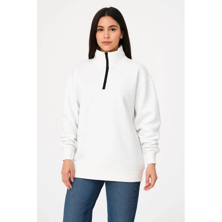 Kadın Üç İplik Dık Yaka Yarım Fermuarlı SweatShirt - Beyaz
