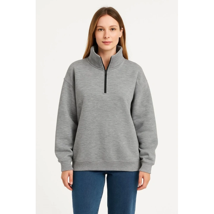 Kadın Üç İplik Dık Yaka Yarım Fermuarlı SweatShirt - Gri