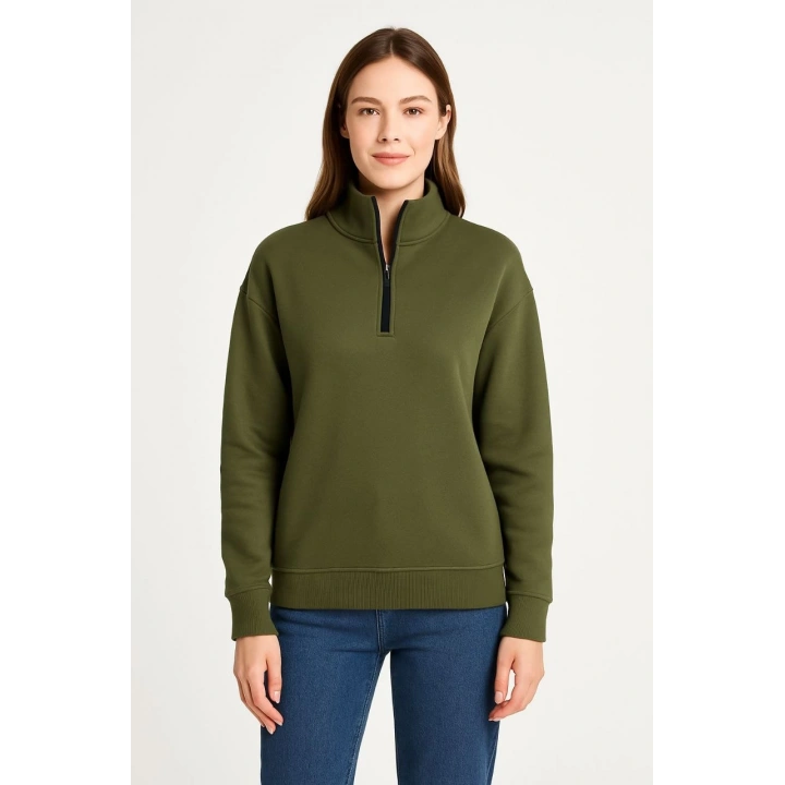 Kadın Üç İplik Dık Yaka Yarım Fermuarlı SweatShirt - Haki