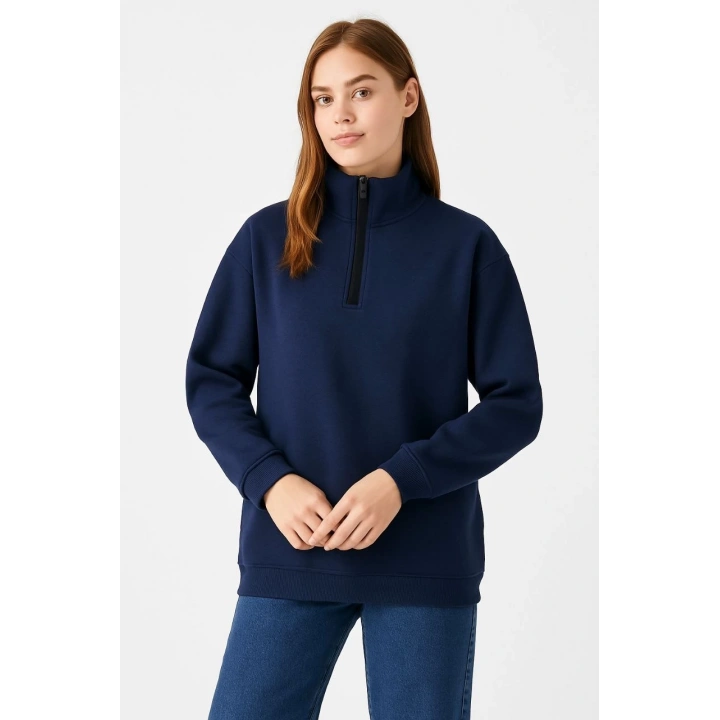Kadın Üç İplik Dık Yaka Yarım Fermuarlı SweatShirt - Lacivert