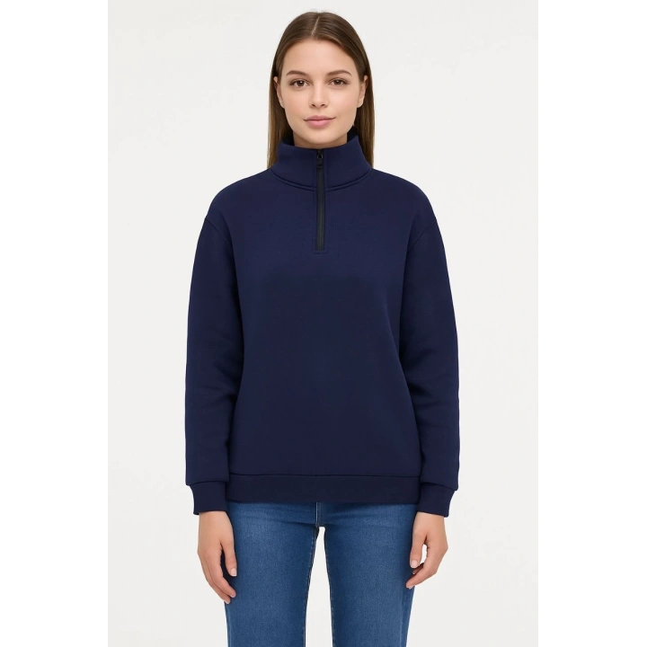 Kadın Üç İplik Dık Yaka Yarım Fermuarlı SweatShirt - Lacivert