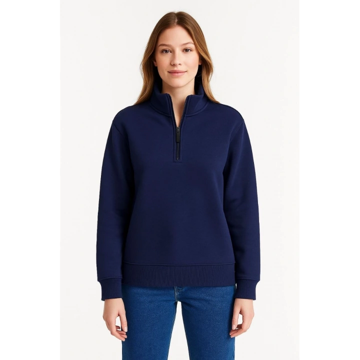 Kadın Üç İplik Dık Yaka Yarım Fermuarlı SweatShirt - Lacivert