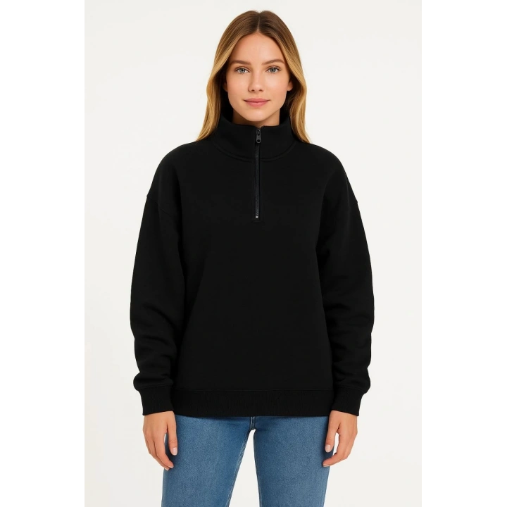 Kadın Üç İplik Dık Yaka Yarım Fermuarlı SweatShirt - Siyah