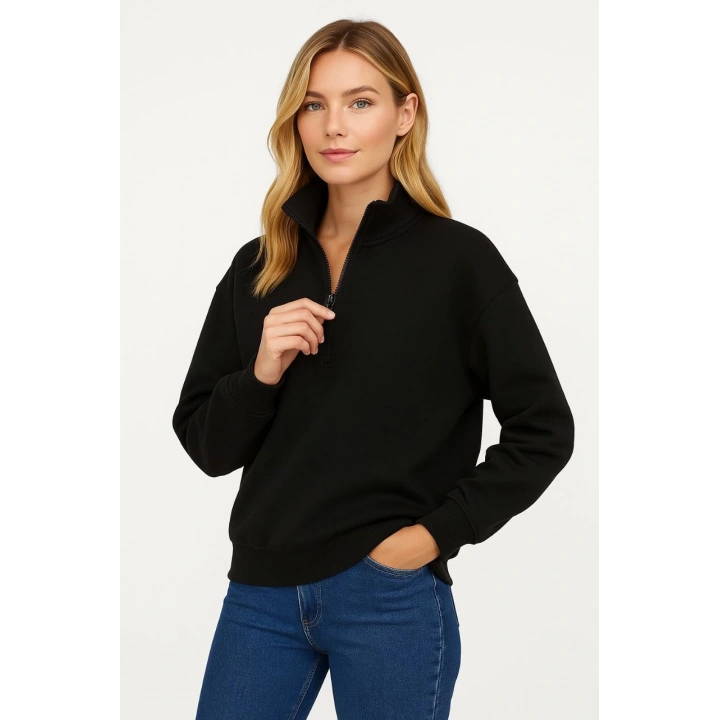 Kadın Üç İplik Dık Yaka Yarım Fermuarlı SweatShirt - Siyah