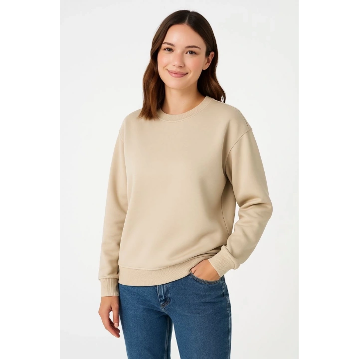 Kadın Üç İplik Düz Bisiklet Yaka SweatShirt - Bej