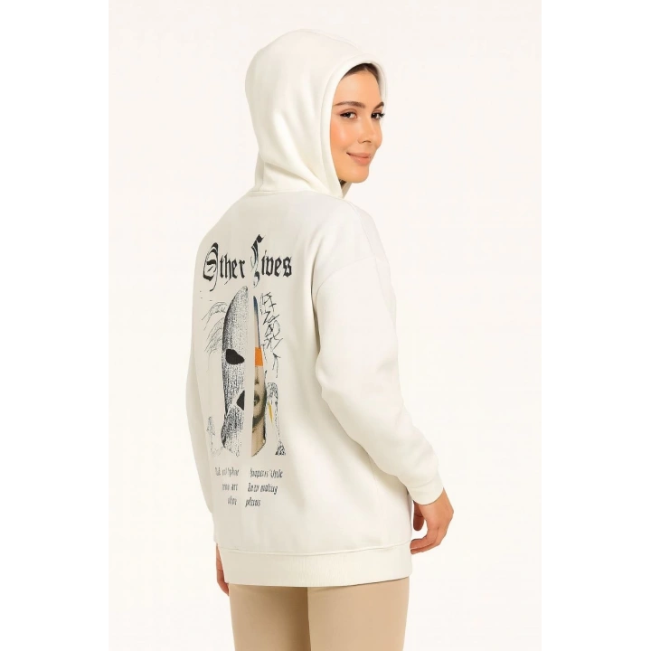 Kadın Üç İplik Kapşonlu ön ve Arka Baskılı SweatShirt hoodie- Beyaz