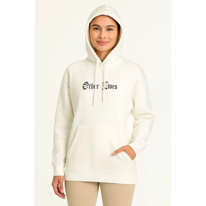 Kadın Üç İplik Kapşonlu ön ve Arka Baskılı SweatShirt hoodie- Beyaz