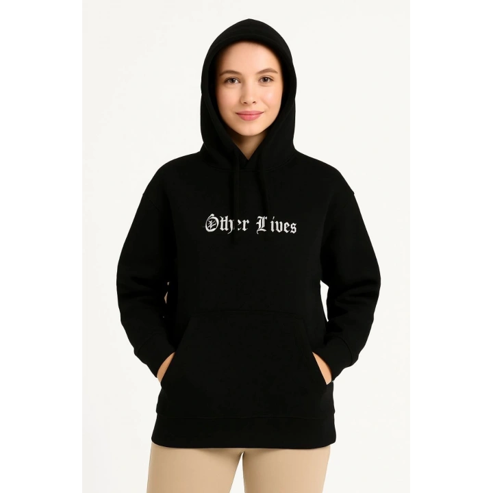 Kadın Üç İplik Kapşonlu ön ve Arka Baskılı SweatShirt hoodie- Siyah