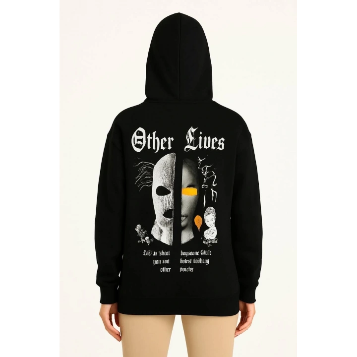 Kadın Üç İplik Kapşonlu ön ve Arka Baskılı SweatShirt hoodie- Siyah