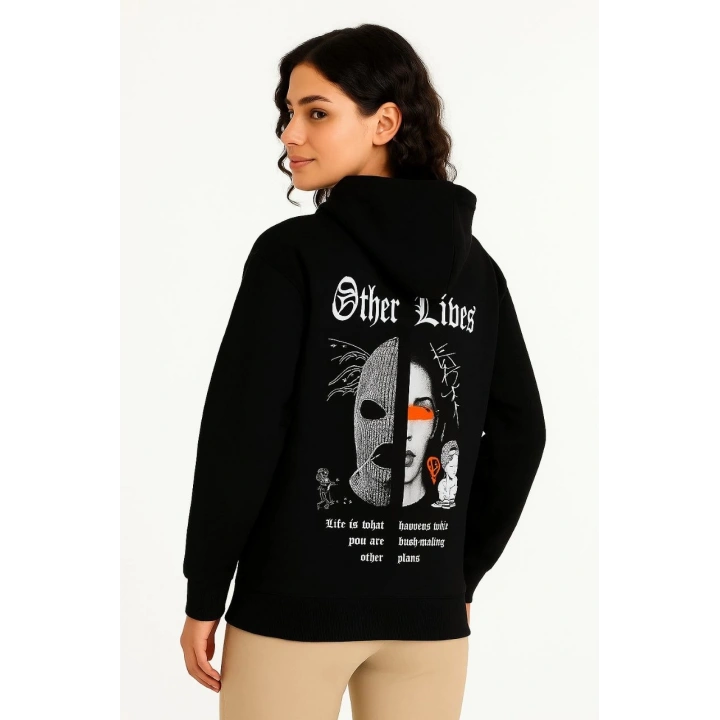 Kadın Üç İplik Kapşonlu ön ve Arka Baskılı SweatShirt hoodie- Siyah