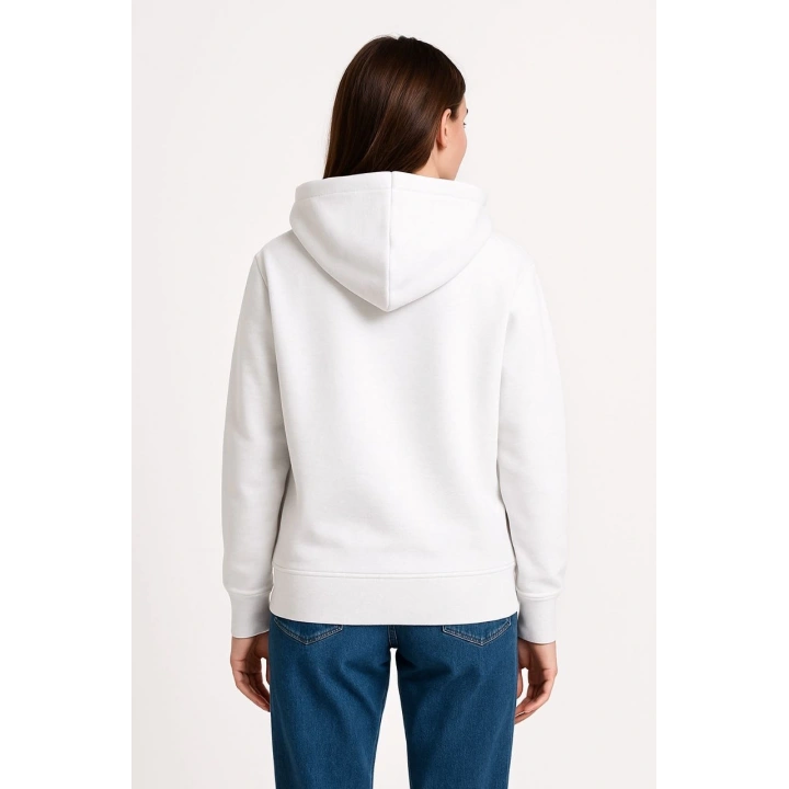 Kadın Üç İplik Kapüşonlu Kanguru Çepli SweatShirt hoodie - Beyaz