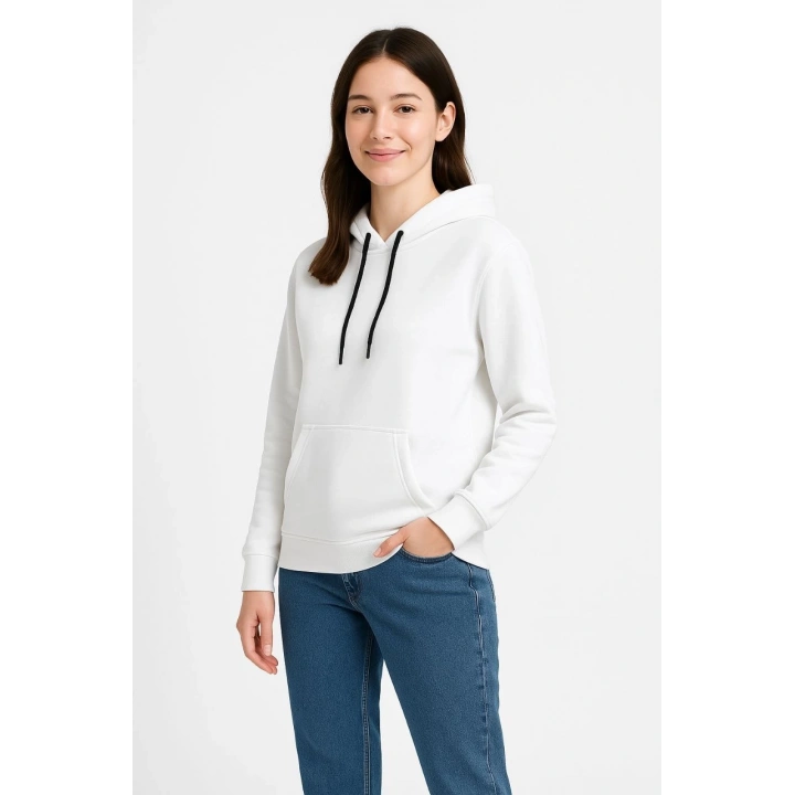 Kadın Üç İplik Kapüşonlu Kanguru Çepli SweatShirt hoodie - Beyaz