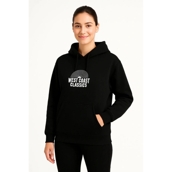 Kadın Üç İplik Kapüşonlu Ön ve Arka Baskılı SweatShirt hoodie - Siyah