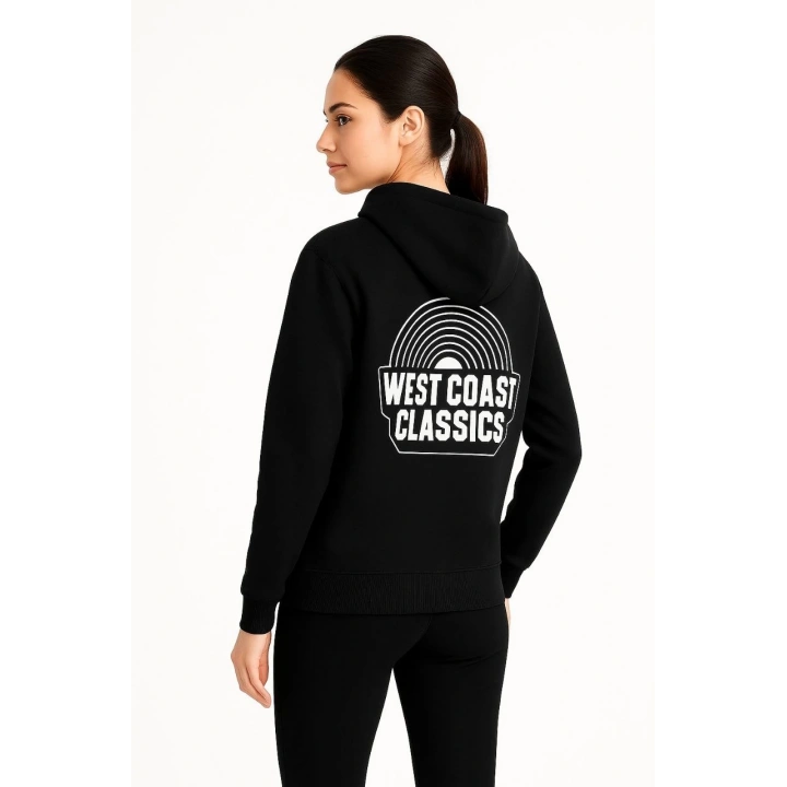 Kadın Üç İplik Kapüşonlu Ön ve Arka Baskılı SweatShirt hoodie - Siyah