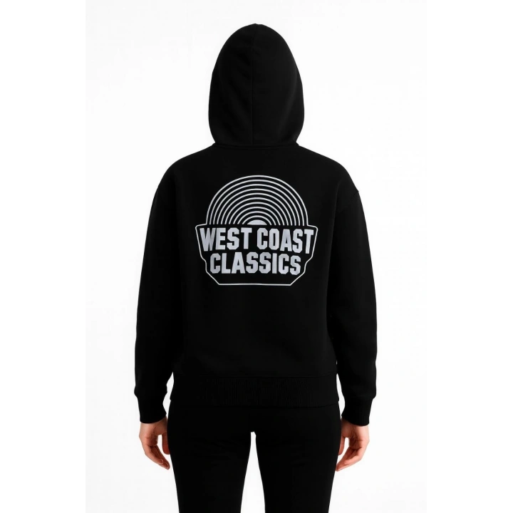 Kadın Üç İplik Kapüşonlu Ön ve Arka Baskılı SweatShirt hoodie - Siyah