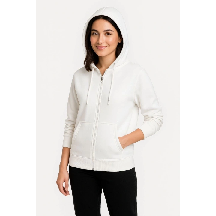 Kadın Üç İplik Kapüşonlu Tam Fermuarlı Kanguru Çepli SweatShirt Hoodie - Beyaz