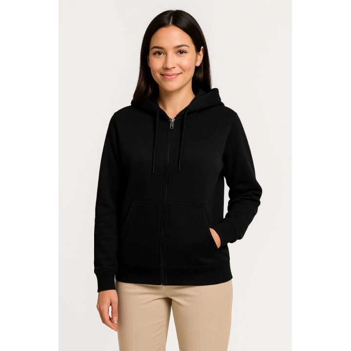 Kadın Üç İplik Kapüşonlu Tam Fermuarlı Kanguru Çepli SweatShirt Hoodie - Siyah