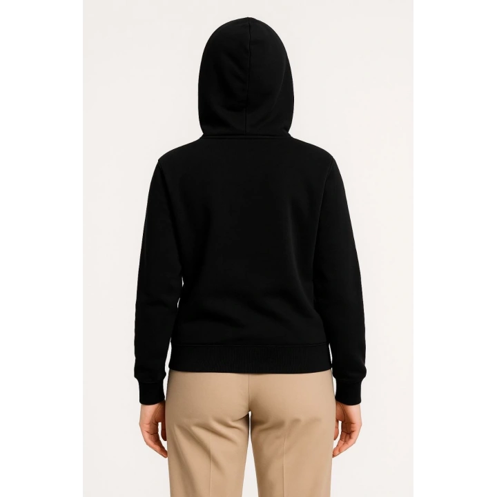 Kadın Üç İplik Kapüşonlu Tam Fermuarlı Kanguru Çepli SweatShirt Hoodie - Siyah