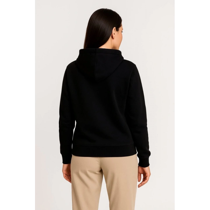 Kadın Üç İplik Kapüşonlu Tam Fermuarlı Kanguru Çepli SweatShirt Hoodie - Siyah