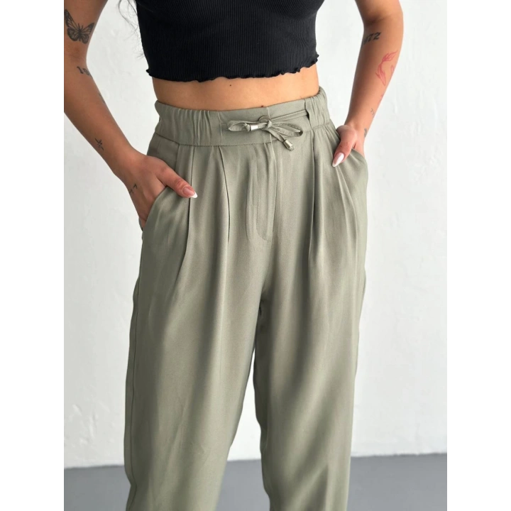Kadın Yüksel Bel Beli Bağcıklı Cepli Rahat Paça Pantalon - Su Yeşili