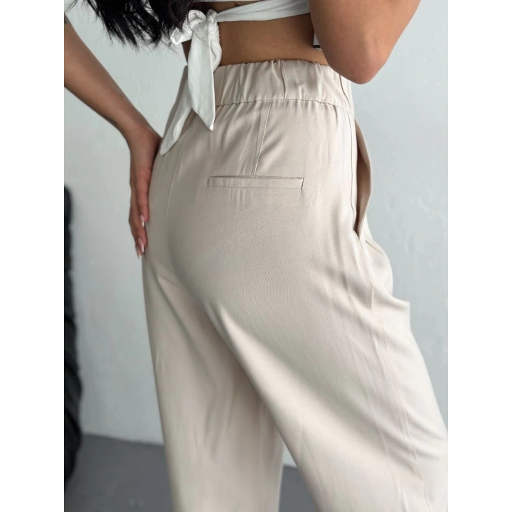 Kadın Yüksel Bel Beli Bağcıklı Rahat Boru Paça Pantalon - Kırık Beyaz