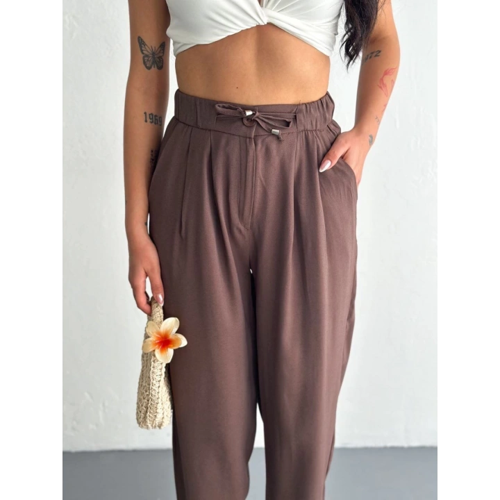 Kadın Yüksel Bel Rahat Boru Paça Pantalon - Kahverengi